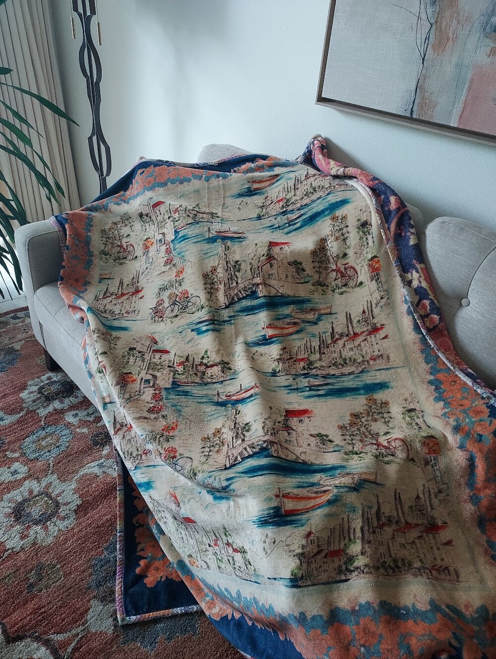 Johnny Was EURO LOOK Plush Throw Blanket in Blue and Cream Reversible Print